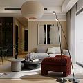 Modern Living and Dining Room Interior Design With Grey Sofa Red Armchair And Floor to Ceiling Windows