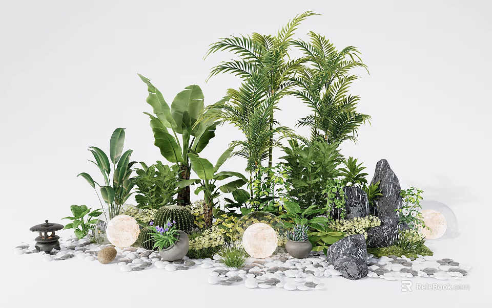 Lush Floral Arrangement With Palm Trees Banana Leaves Cacti Rocks Pebbles And Light Balls 3d model 