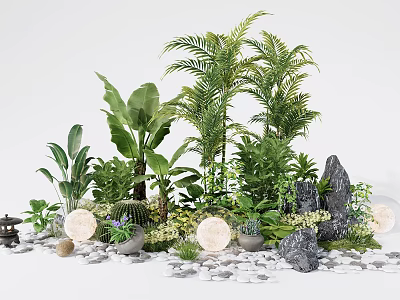 Lush Floral Arrangement With Palm Trees Banana Leaves Cacti Rocks Pebbles And Light Balls 3d model