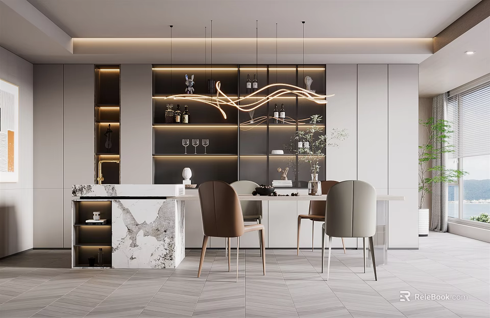 Modern Restaurant Interior With Elegant Pendant Lights Dining Table Chairs And Marble Countertop 3d model 