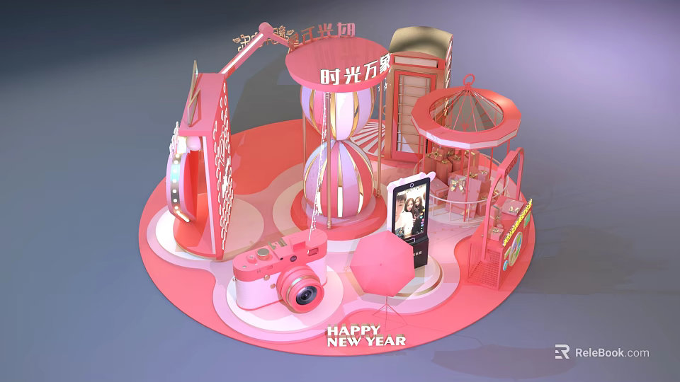 New Year Themed Decorative Scene With Time Imprint Hourglass Camera And Pink Pavilion 3d model 