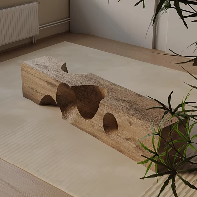 Wooden Shoe Bench With Irregular Holes In Minimalist Interior With Green Plants And Light-Colored Floor 3d model