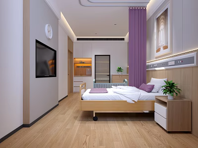 Modern Hospital Room Interior With Wooden Bed Nightstand TV And Purple Curtains 3d model