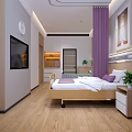 Modern Hospital Room Interior With Wooden Bed Nightstand TV And Purple Curtains