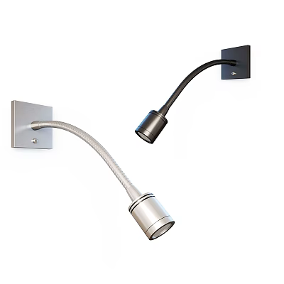 Modern Silver and Black Wall Lamps with Curved Arms and Cylindrical Light Heads 3d model