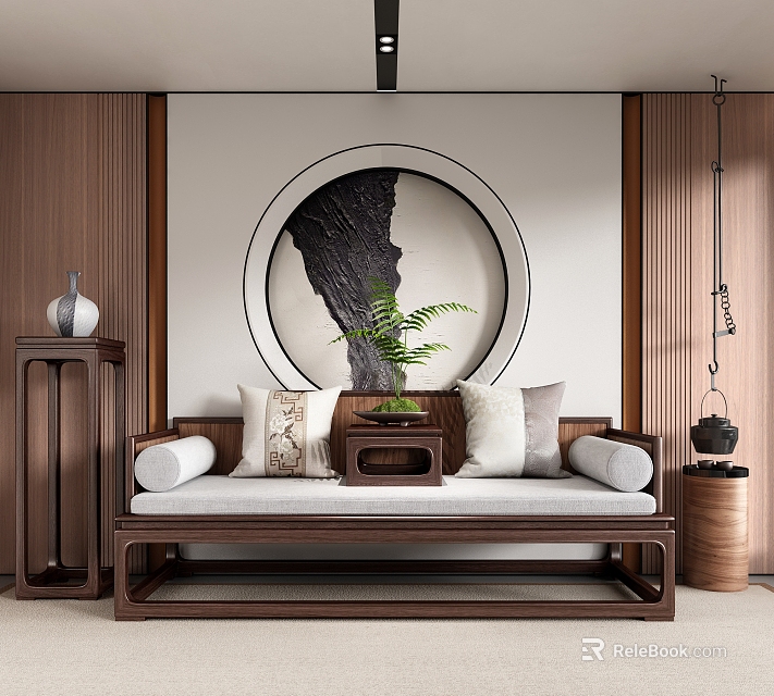 Traditional Chinese Daybed Interior Design With Wooden Frame Soft Cushions And Circular Wall Art 3d model 