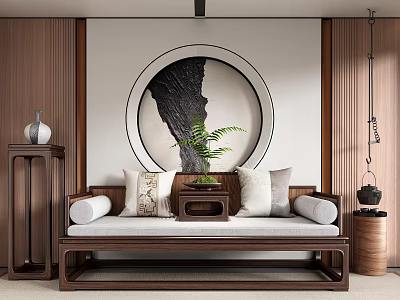 Traditional Chinese Daybed Interior Design With Wooden Frame Soft Cushions And Circular Wall Art 3d model