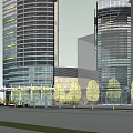 Modern High Rise Office Buildings With Glass Facade And Urban Green Space