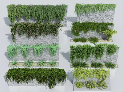 Various Green Plants On Vertical Stone Walls With Hanging And Lush Arrangements 3d model