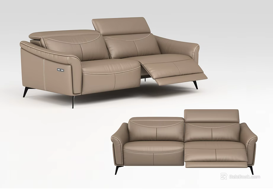 Modern Beige Leather Two Seater Reclining Sofa With Black Metal Legs 3d model 