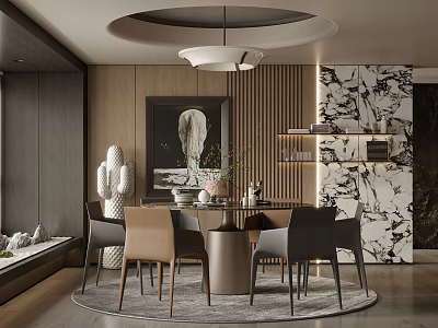 Modern Restaurant Interior Design With Round Dining Table Mixed Chairs Marble Wall And Pendant Light 3d model