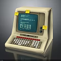 Vintage Computer With White Body Teal Screen Red White Keys And Yellow Sticky Notes