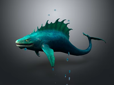 Green Mythical Fish with Spiky Dorsal Fin Long Tail Surrounded by Floating Water Droplets Underwater 3d model