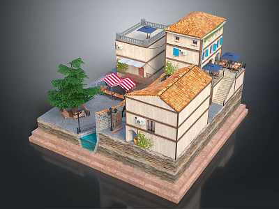Miniature Village Scene With Orange Tiled Roofs Pool Pine Tree And Courtyard 3d model