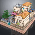 Miniature Village Scene With Orange Tiled Roofs Pool Pine Tree And Courtyard
