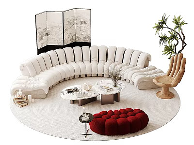 Curved White Sofa Coffee Table Set With Red Ottoman Wooden Chair And Green Plant 3d model