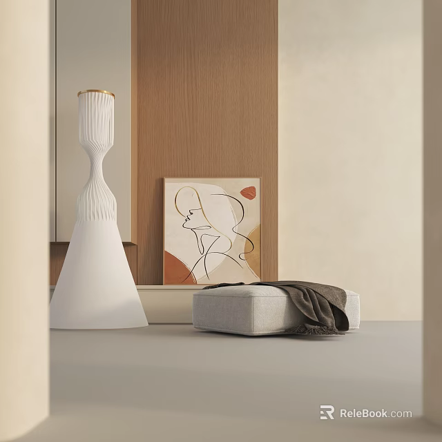 Gray Lounge Chair With Blanket Near White Vase And Abstract Painting On Wooden Wall 3d model 