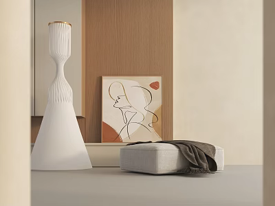 Gray Lounge Chair With Blanket Near White Vase And Abstract Painting On Wooden Wall 3d model