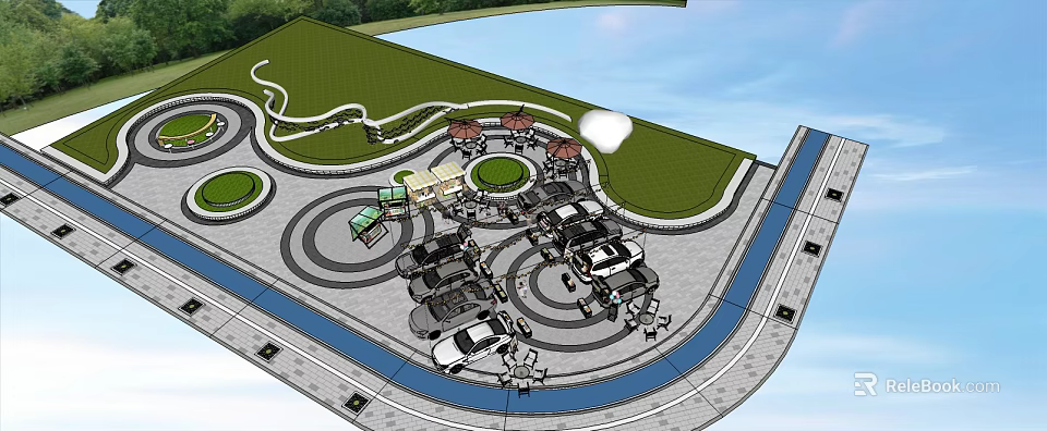 Commercial Landscape Design With Circular Parking Green Areas Curved Pathways And Pavilions 3d model 