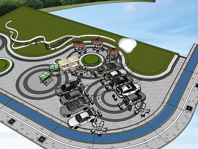 Commercial Landscape Design With Circular Parking Green Areas Curved Pathways And Pavilions 3d model