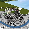 Commercial Landscape Design With Circular Parking Green Areas Curved Pathways And Pavilions