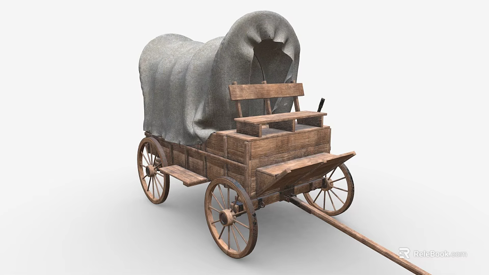 Vintage Wooden Wagon With Canvas Cover And Wooden Seat And Spoked Wheels 3d model 