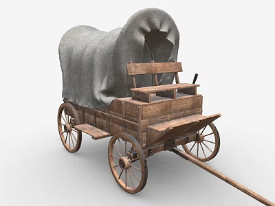 Vintage Wooden Wagon With Canvas Cover And Wooden Seat And Spoked Wheels 3d model