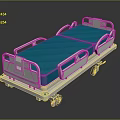 Modern Medical Bed with Blue Mattress White Frame and Side Rails on Wheels