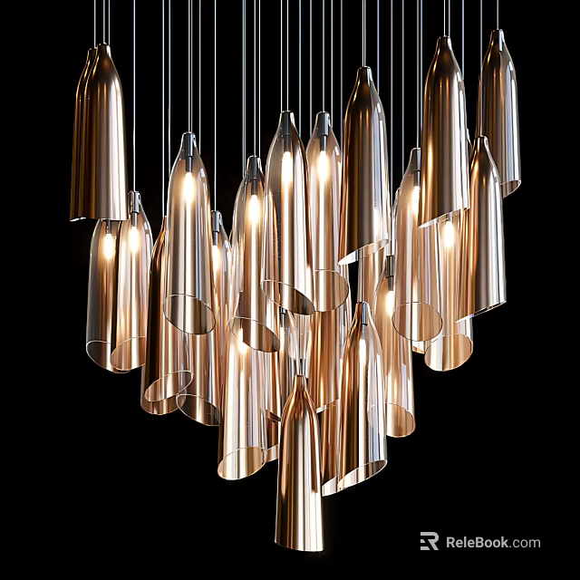 Modern Artistic Metallic Chandelier With Multiple Illuminated Shades And Warm Light 3d model 