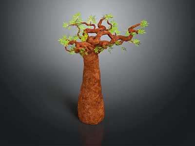 Baobab Tree With Thick Brown Trunk And Green Leafy Branches On Gray Background 3d model