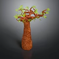 Baobab Tree With Thick Brown Trunk And Green Leafy Branches On Gray Background