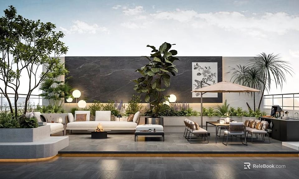 Villa Balcony Modern Design with Green Plants Comfortable Sofa Dining Table Decorative Painting Warm Lighting 3d model 