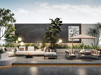 Villa Balcony Modern Design with Green Plants Comfortable Sofa Dining Table Decorative Painting Warm Lighting 3d model