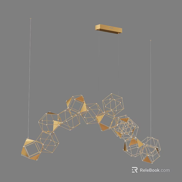 Modern Geometric Chandelier with Gold Hexagonal Frames in Curved Hanging Design for Interior Decor 3d model