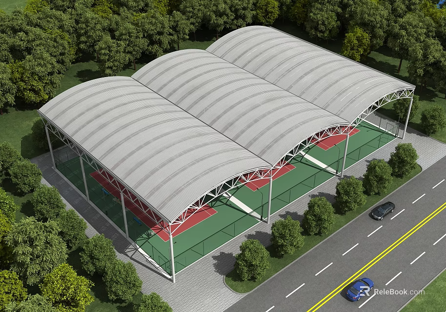 Modern School Building with Curved Roof and Sports Court Surrounded by Green Trees Near Road 3d model 