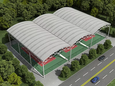 Modern School Building with Curved Roof and Sports Court Surrounded by Green Trees Near Road 3d model