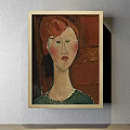 Framed Woman Portrait Painting with Curly Brown Hair Dark Dress and Light Blue Background
