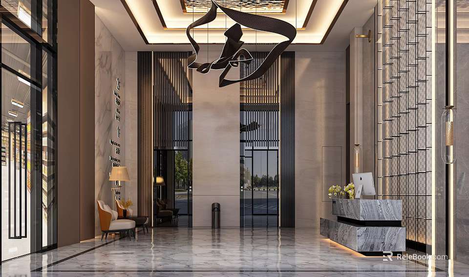 Stylish Modern Lobby Front Desk Reception With Marble Counter Chandelier Glass Doors And Sofa 3d model 