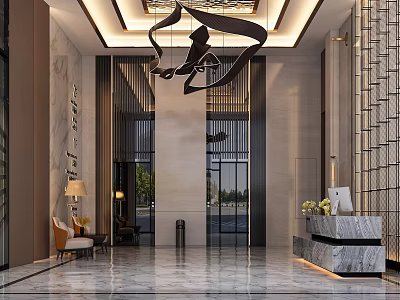 Stylish Modern Lobby Front Desk Reception With Marble Counter Chandelier Glass Doors And Sofa 3d model