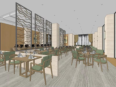 Modern Restaurant Interior With Wooden Dining Tables Green Chairs And Decorative Screens 3d model