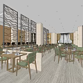 Modern Restaurant Interior With Wooden Dining Tables Green Chairs And Decorative Screens