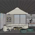 Modern Living Room With Curved Beige Sofa Wooden Coffee Table Green Ottomans And Large Windows