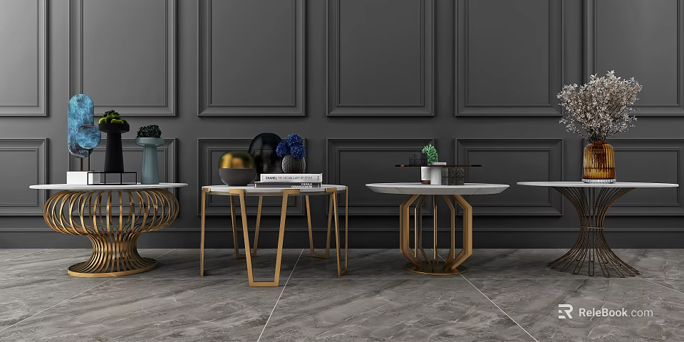 Modern Coffee Tables With Golden Legs White Tabletop And Decorative Vases Against Gray Wall 3d model 