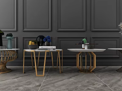 Modern Coffee Tables With Golden Legs White Tabletop And Decorative Vases Against Gray Wall 3d model