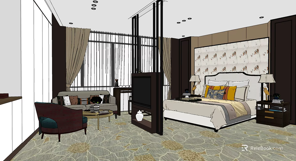 Hotel Guest Room with Bed Decorative Pillows Patterned Wall Sofa TV Stand and Patterned Carpet 3d model 