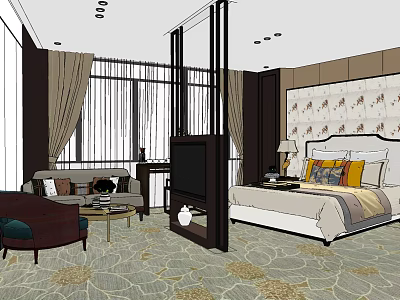 Hotel Guest Room with Bed Decorative Pillows Patterned Wall Sofa TV Stand and Patterned Carpet 3d model