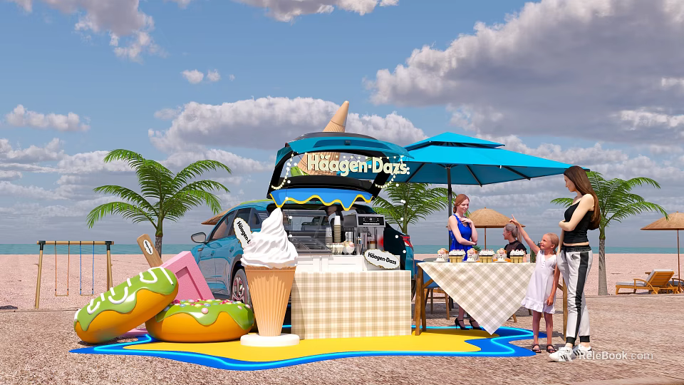 Beachcomber Breeze Ice Cream Stand On Beach With Blue Umbrella Palm Trees And Kids 3d model 