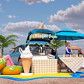 Beachcomber Breeze Ice Cream Stand On Beach With Blue Umbrella Palm Trees And Kids