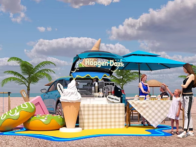 Beachcomber Breeze Ice Cream Stand On Beach With Blue Umbrella Palm Trees And Kids 3d model
