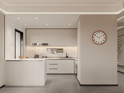 Modern Minimalist Kitchen Interior With White Cabinets Island Counter Coffee Machine And Wall Clock 3d model
